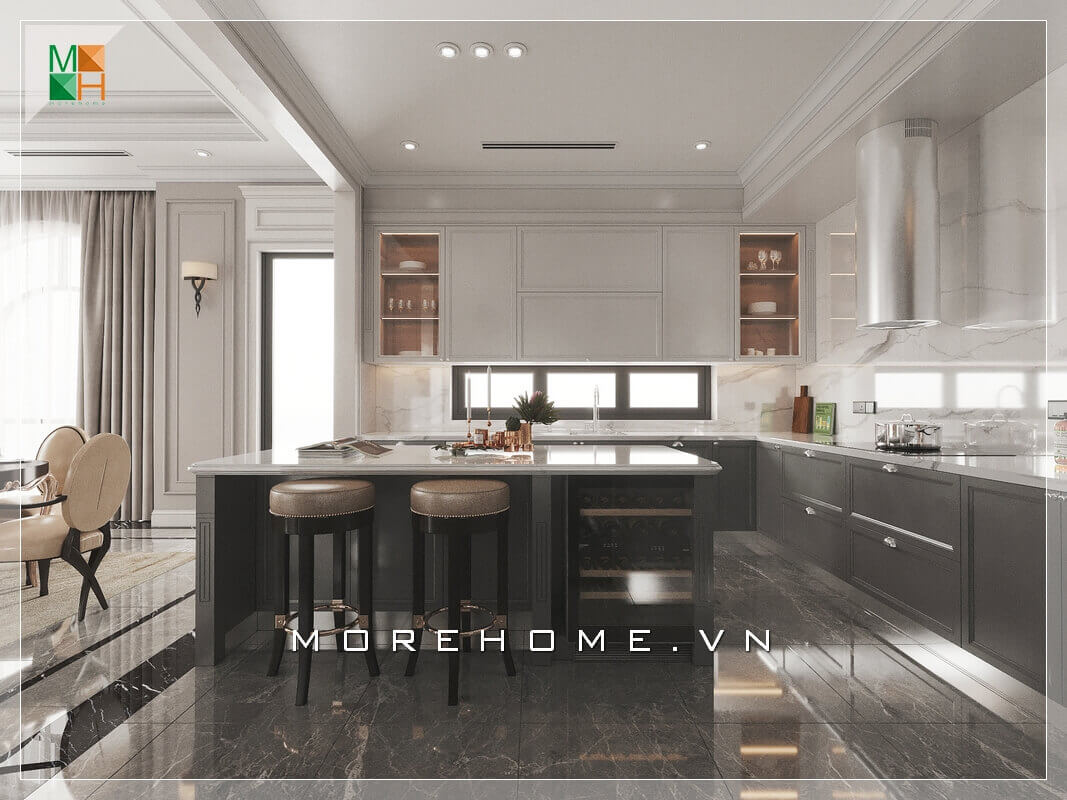 Mẫu tủ bếp hiện đại từ tủ bếp treo tường đến đảo tủ hai ghế tròn bọc da không tựa, tất cả đều thiết kế hoàn hảo biến căn phòng bếp biệt thự trở nên sống động và tiện nghi. Thiết kế phòng bếp, tủ bếp đẹp