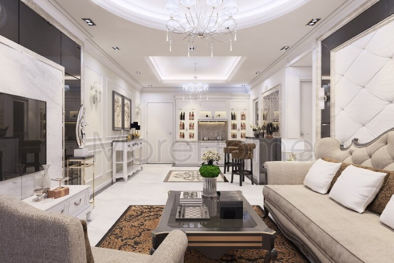 Mẫu thiết kế phòng khách chung cư cao cấp là sự kết hợp hài hòa của nét đẹp hiện đại trẻ trung khỏe khoắn cộng với sự mềm mại sang trọng của phong cách nội thất cổ điển Mẫu nội thất chung cư tân cổ điển