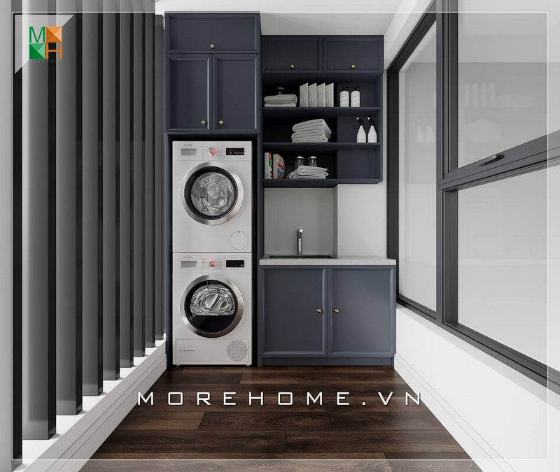 Mẫu tủ kệ màu xanh xám độc đáo để đồ phòng giặt đồ hiện đại thiết kế kịch trần gọn gàng khoa học.