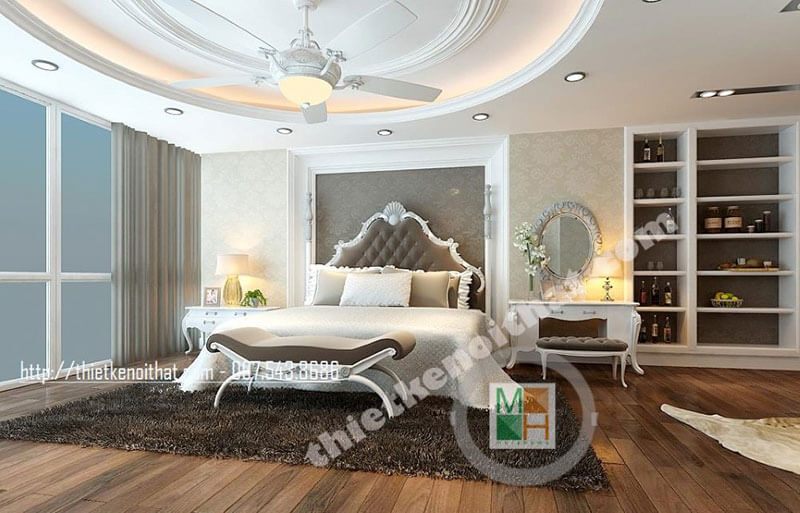 Mẫu kệ tủ gỗ công nghiệp trang trí phòng ngủ với tone màu trắng hiện đại, đa năng