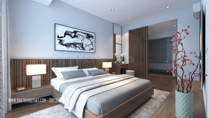 Nội thất phòng ngủ chung cư hiện đại kết hợp nhà vệ sinh mang đến không gian sống tiện nghi và đẳng cấp