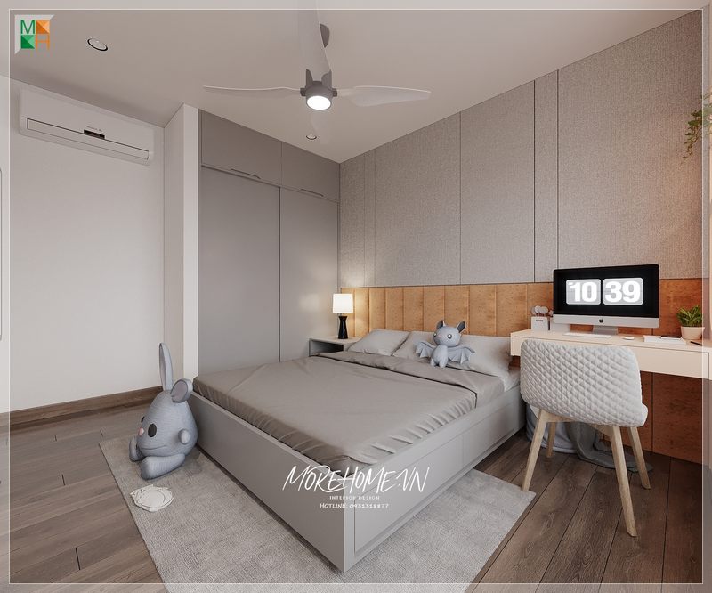 Tủ quần áo hiện đại màu xám kết hợp chiếc giường cùng tone màu mang đến sự sang trọng và tiện nghi cho không gian sống của căn phòng.