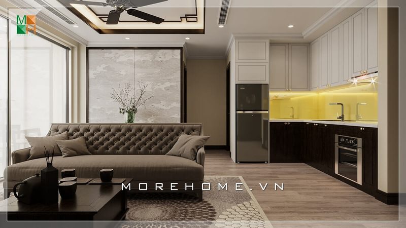 Cách thiết kế không gian phòng khách liền bếp cho căn hộ chung cư mang đến cảm giác không gian được nới rộng rất hữu hiệu.